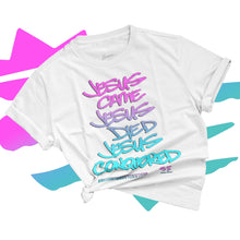 Load image into Gallery viewer, Jesus Came Jesus Died Jesus Conquered ™ | Pink Lavender Teal Lettering Tee
