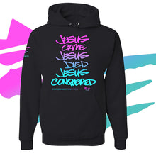 Load image into Gallery viewer, Jesus Came Jesus Died Jesus Conquered™ | Pink Lavender Teal Gradient Design | Black Hoodie
