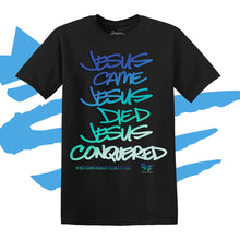 Load image into Gallery viewer, Jesus Came Jesus Died Jesus Conquered ™ | Green Blue Lettering Black Tee
