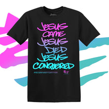 Load image into Gallery viewer, Jesus Came Jesus Died Jesus Conquered ™ | Pink Lavender Teal Lettering Tee
